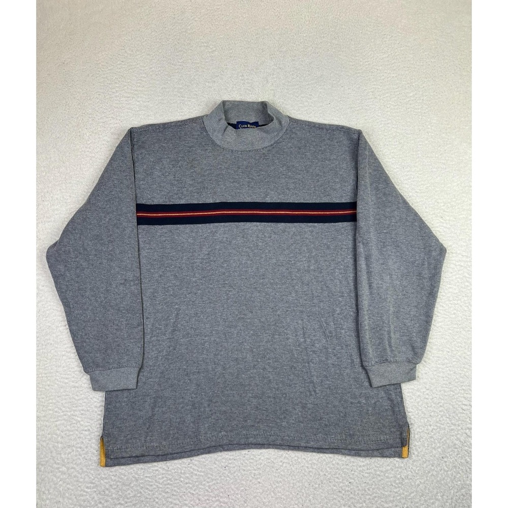 Club Room Sweater Mens Large Gray Mock Neck Cotton Stripe Pullover‎ Long Sleeve